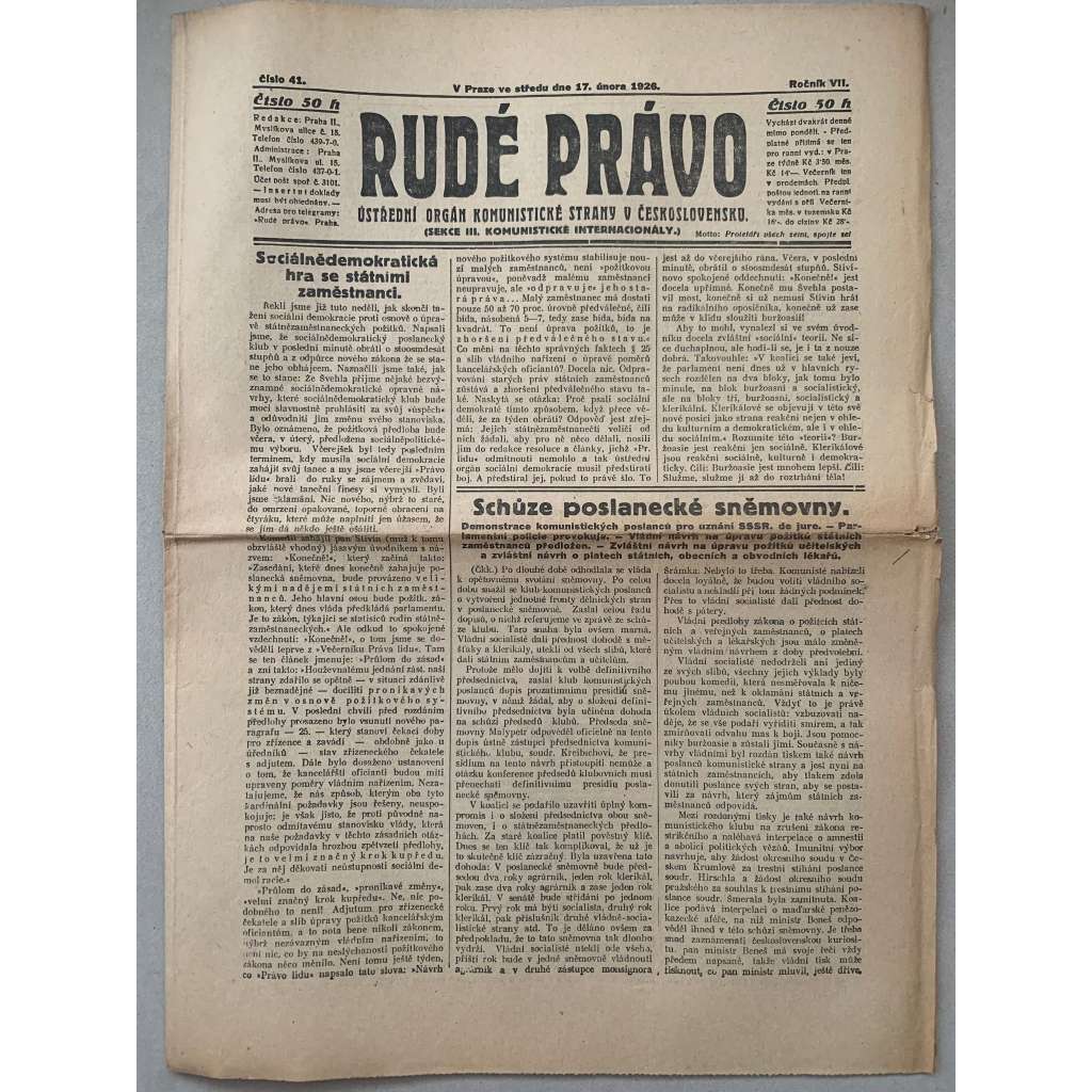 Rudé právo (17.2.1926) - 1. republika, staré noviny