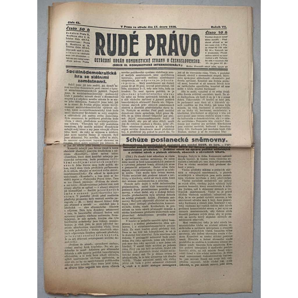 Rudé právo (17.2.1926) - 1. republika, staré noviny