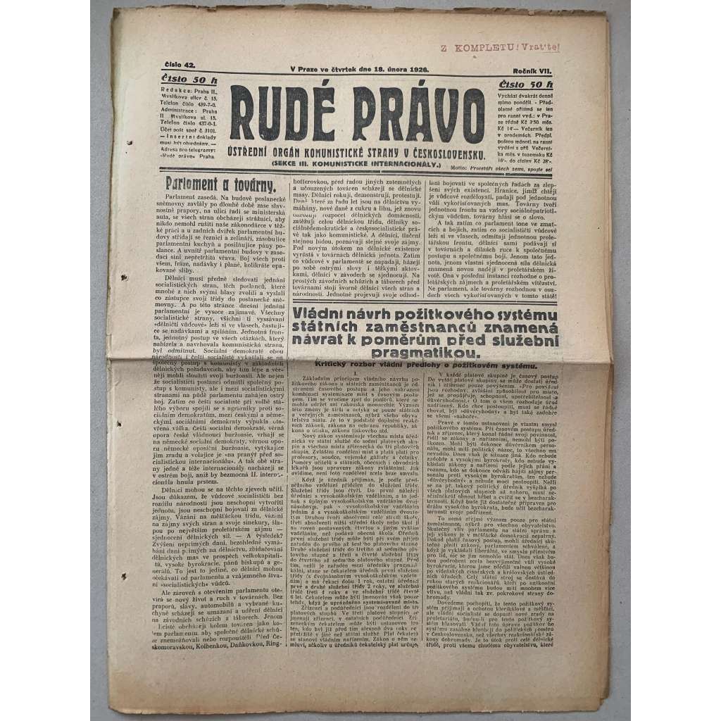 Rudé právo (18.2.1926) - 1. republika, staré noviny