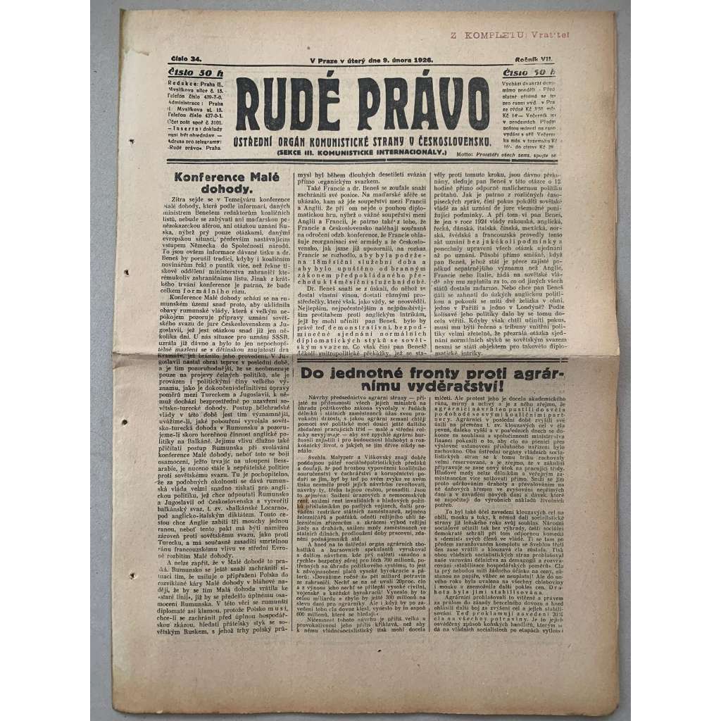 Rudé právo (9.2.1926) - 1. republika, staré noviny