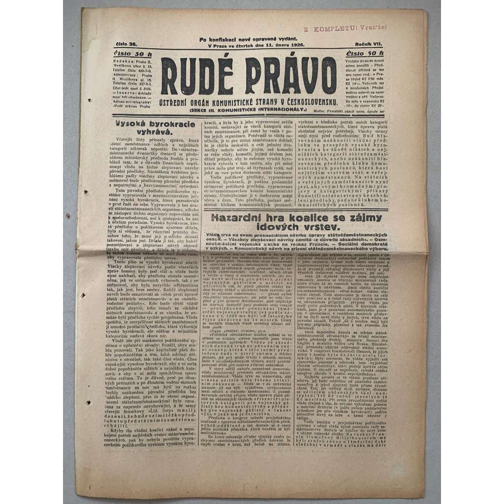 Rudé právo (11.2.1926) - 1. republika, staré noviny