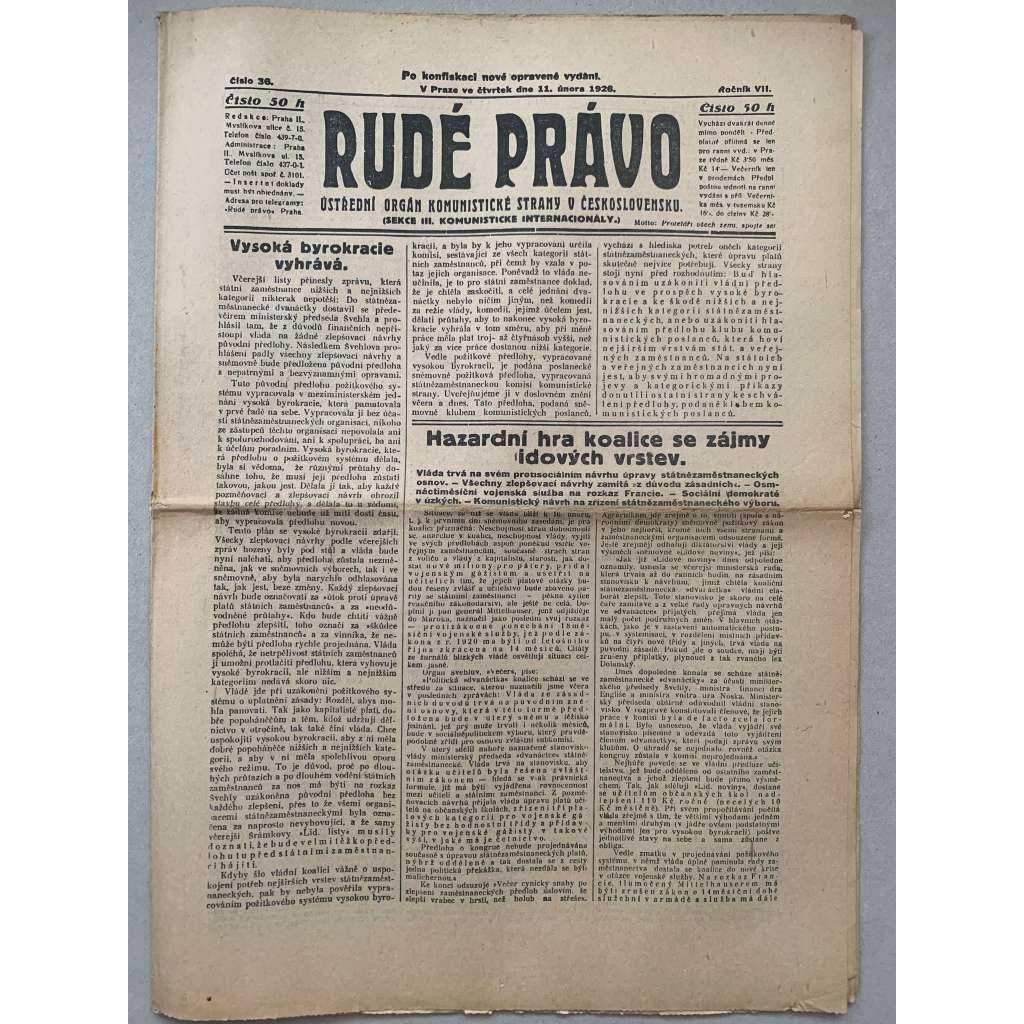 Rudé právo (11.2.1926) - 1. republika, staré noviny