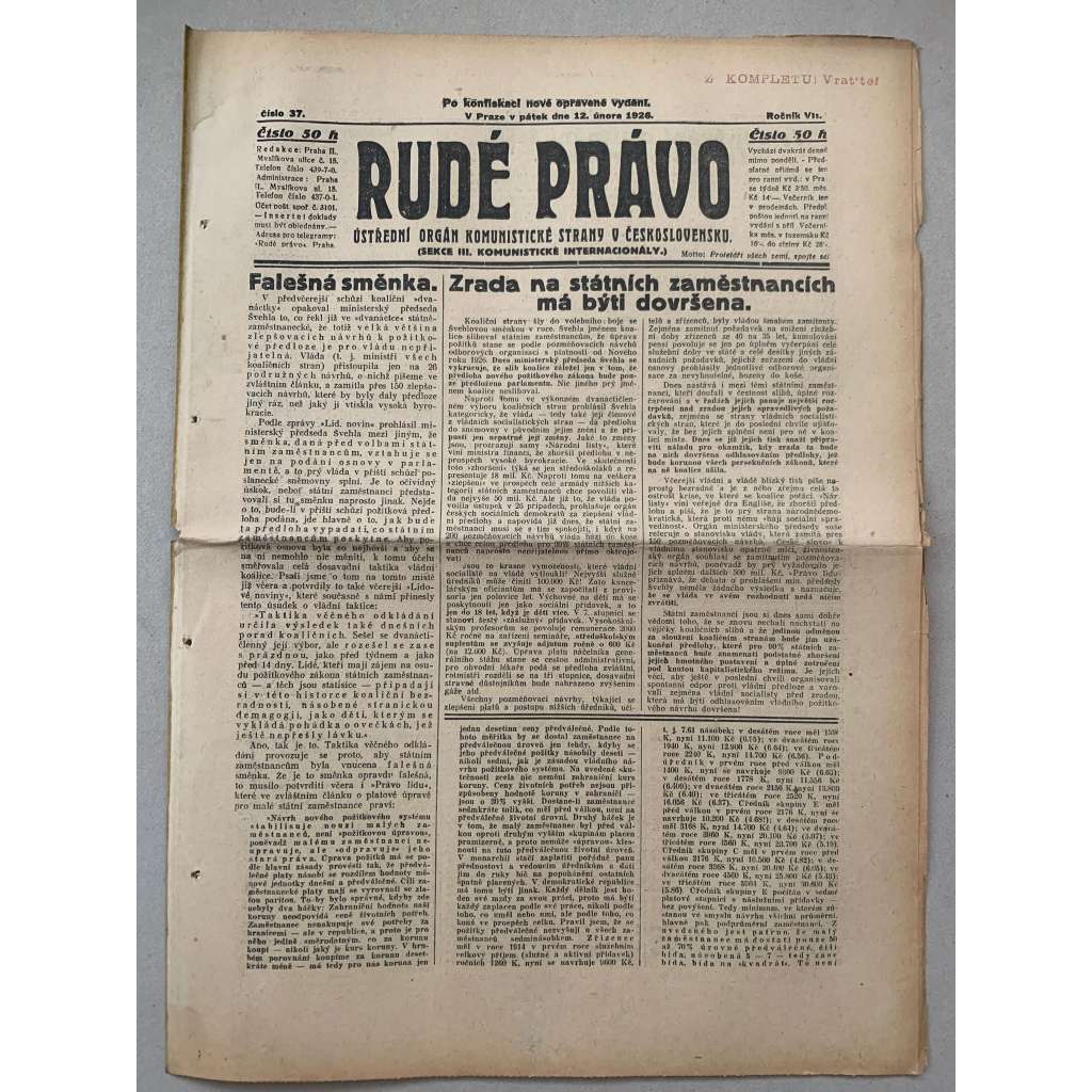 Rudé právo (12.2.1926) - 1. republika, staré noviny