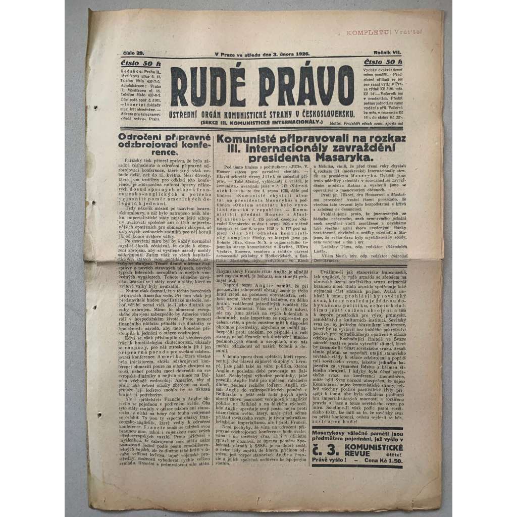 Rudé právo (3.2.1926) - 1. republika, staré noviny