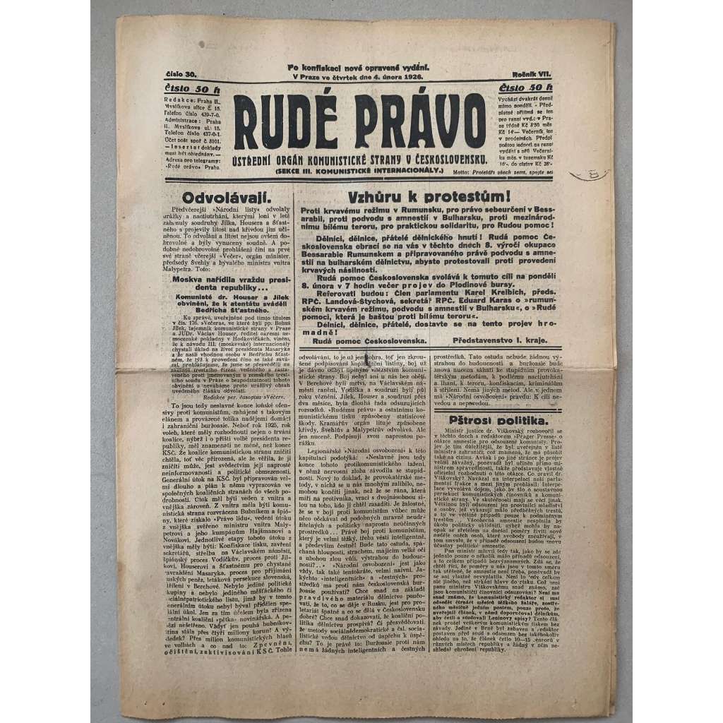 Rudé právo (4.2.1926) - 1. republika, staré noviny