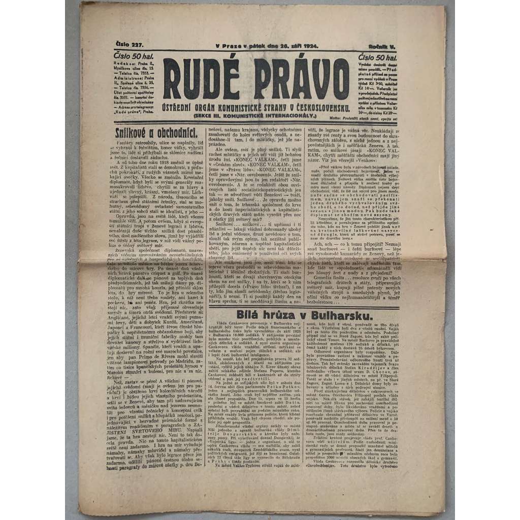 Rudé právo (26.9.1924) - 1. republika, staré noviny Rudé právo (26.9.1924) - 1. republika, staré noviny