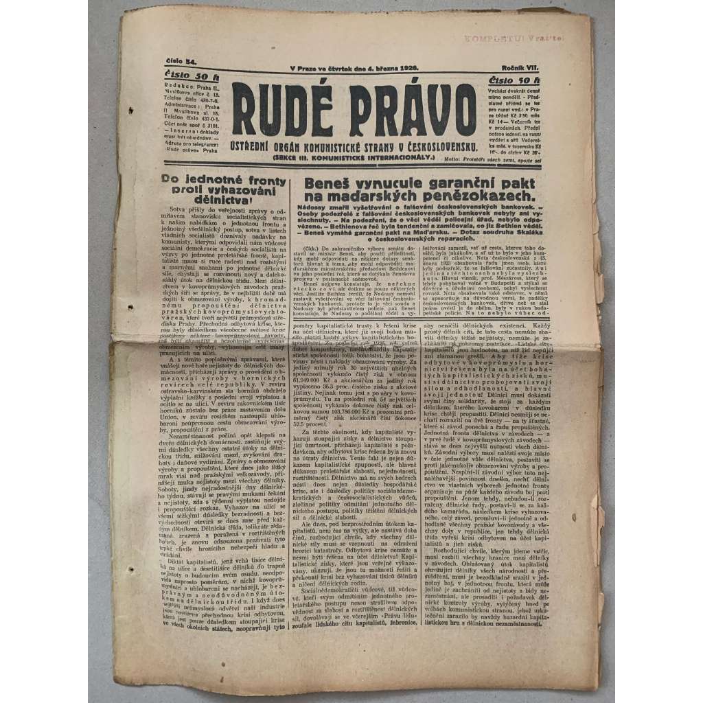 Rudé právo (4.3.1926) - 1. republika, staré noviny