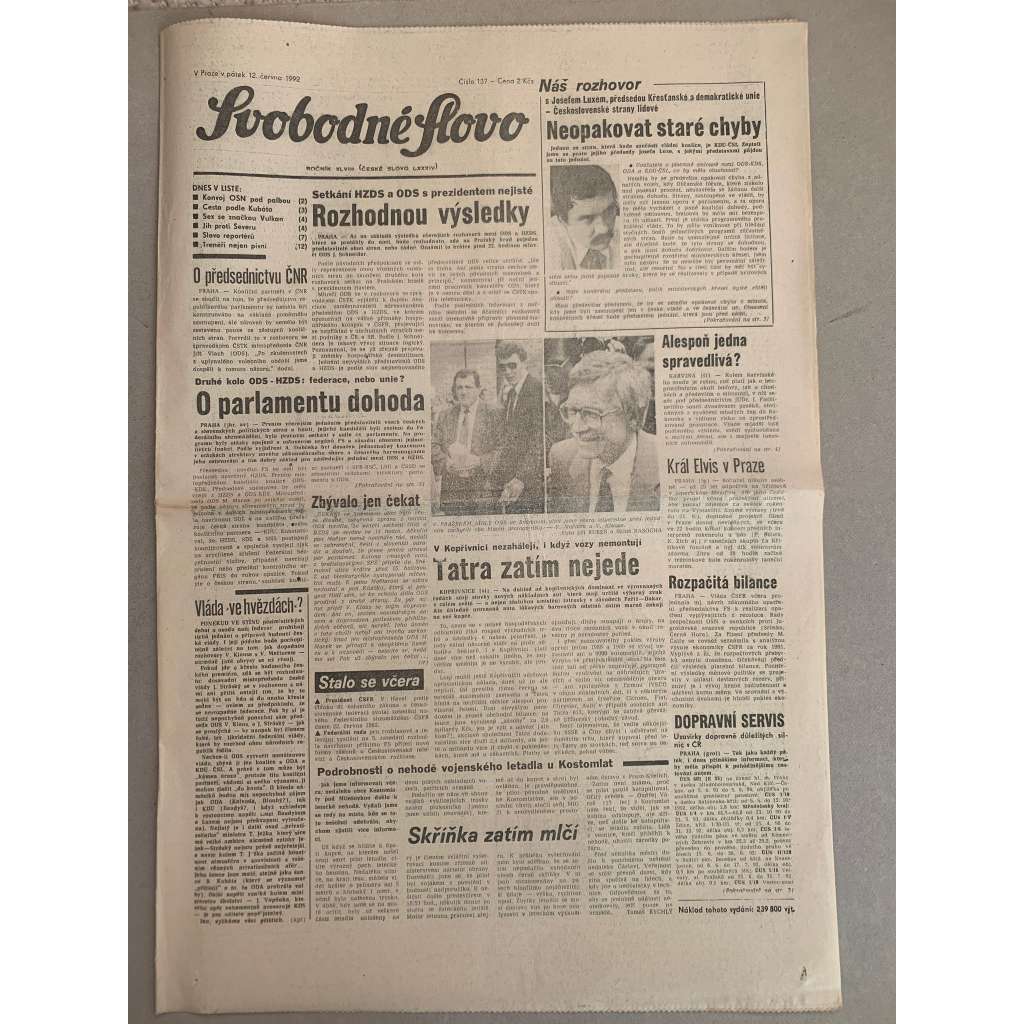 Svobodné slovo (12.6.1992) - staré noviny