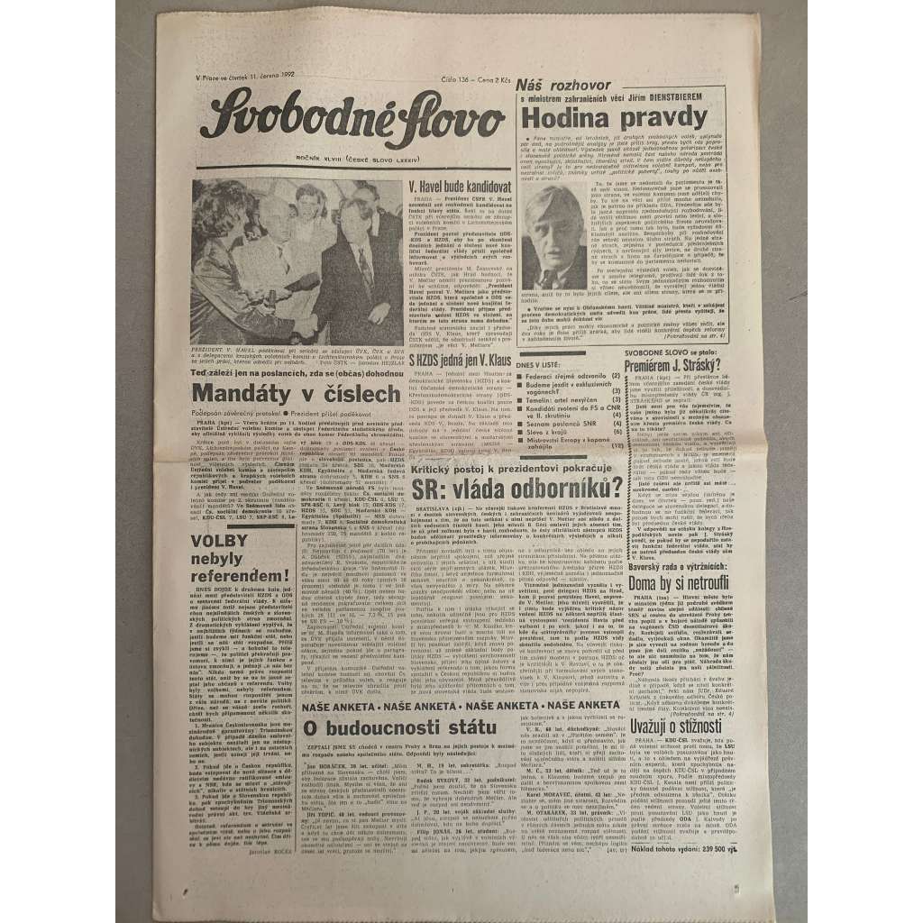 Svobodné slovo (11.6.1992) - staré noviny