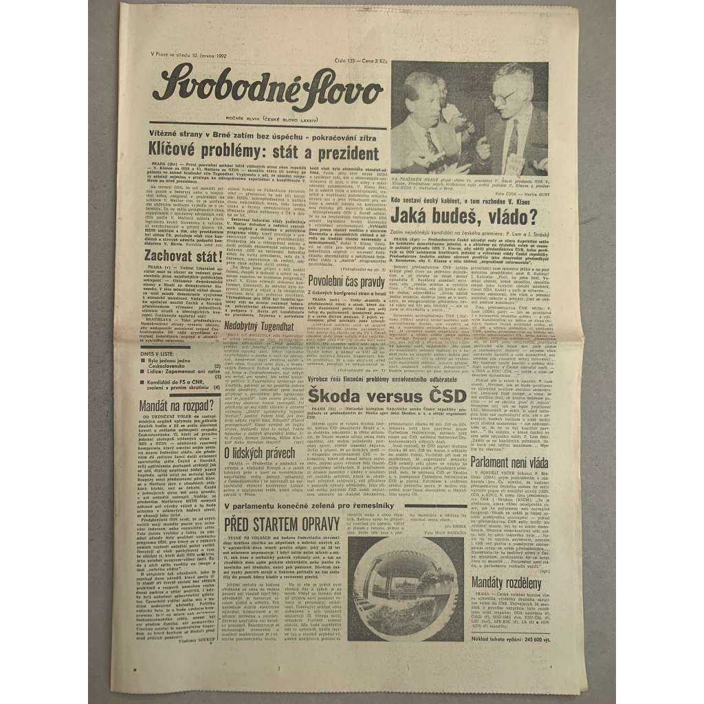 Svobodné slovo (10.6.1992) - staré noviny