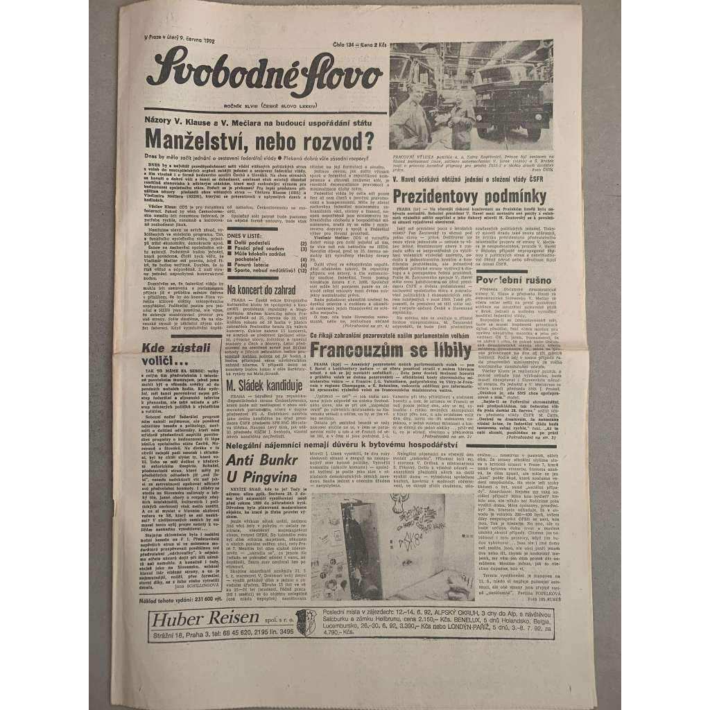 Svobodné slovo (9.6.1992) - staré noviny