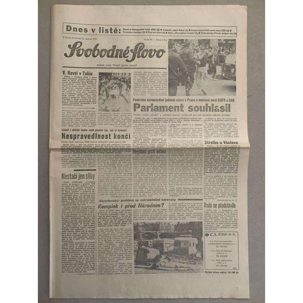 Svobodné slovo (23.4.1992) - staré noviny