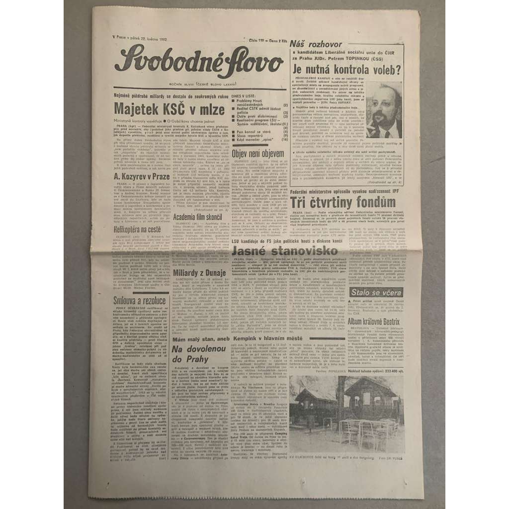 Svobodné slovo (22.5.1992) - staré noviny
