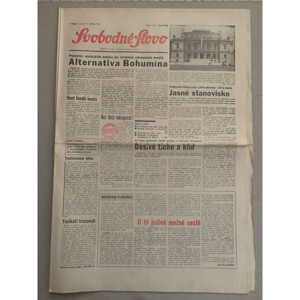 Svobodné slovo (16.5.1992) - staré noviny