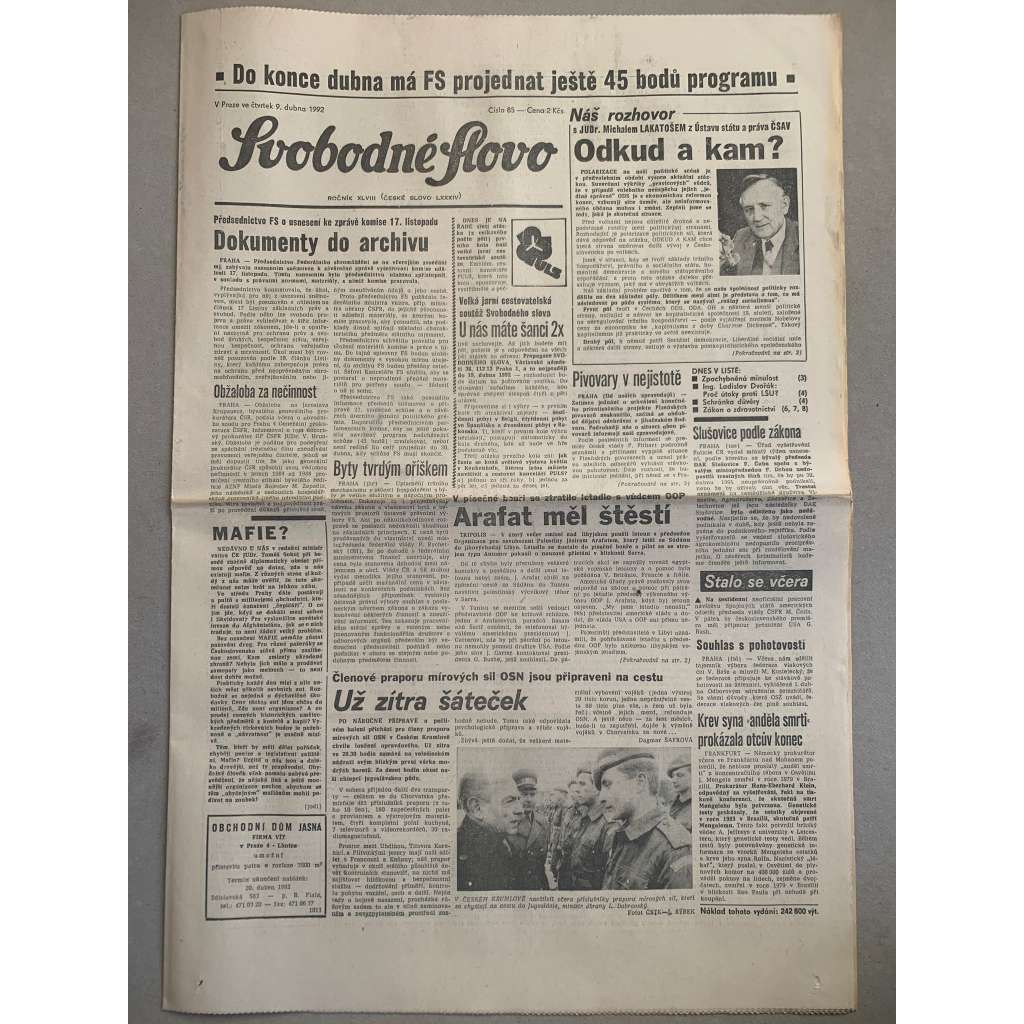 Svobodné slovo (9.4.1992) - staré noviny