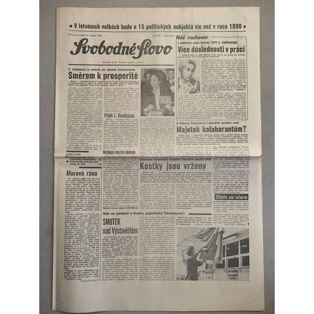 Svobodné slovo (8.4.1992) - staré noviny