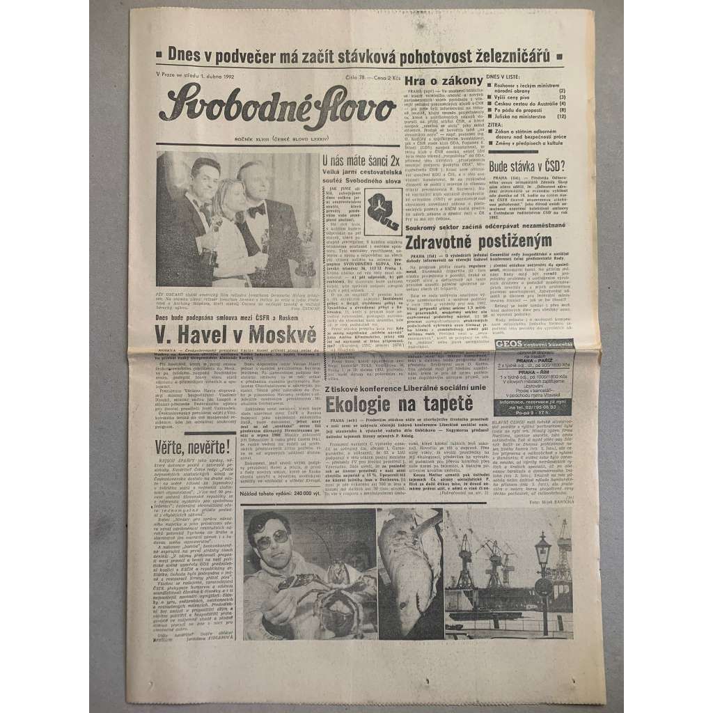 Svobodné slovo (1.4.1992) - staré noviny