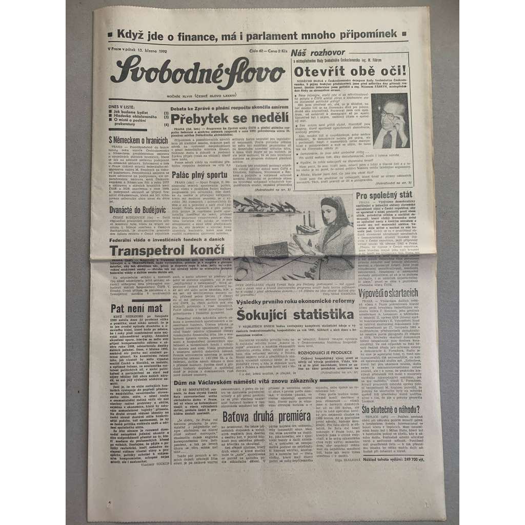 Svobodné slovo (13.3.1992) - staré noviny