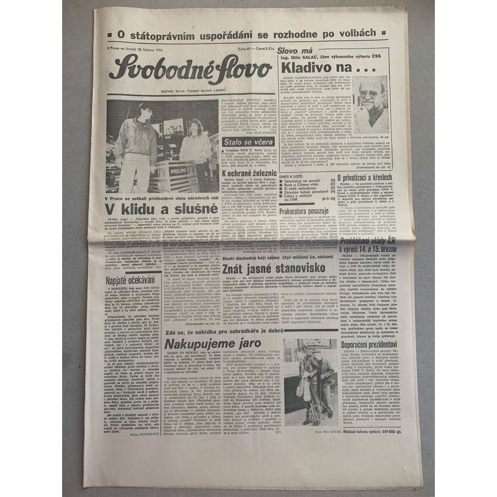 Svobodné slovo (12.3.1992) - staré noviny