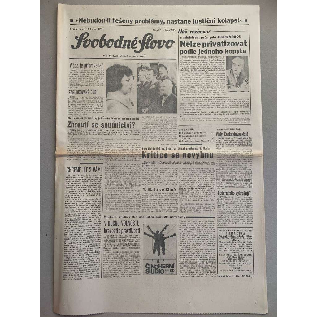 Svobodné slovo (10.3.1992) - staré noviny