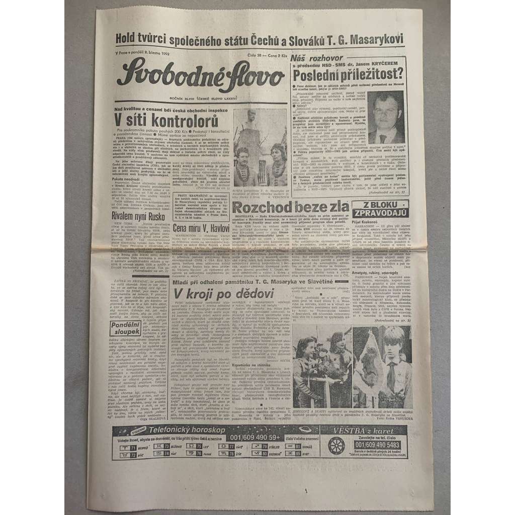 Svobodné slovo (9.3.1992) - staré noviny