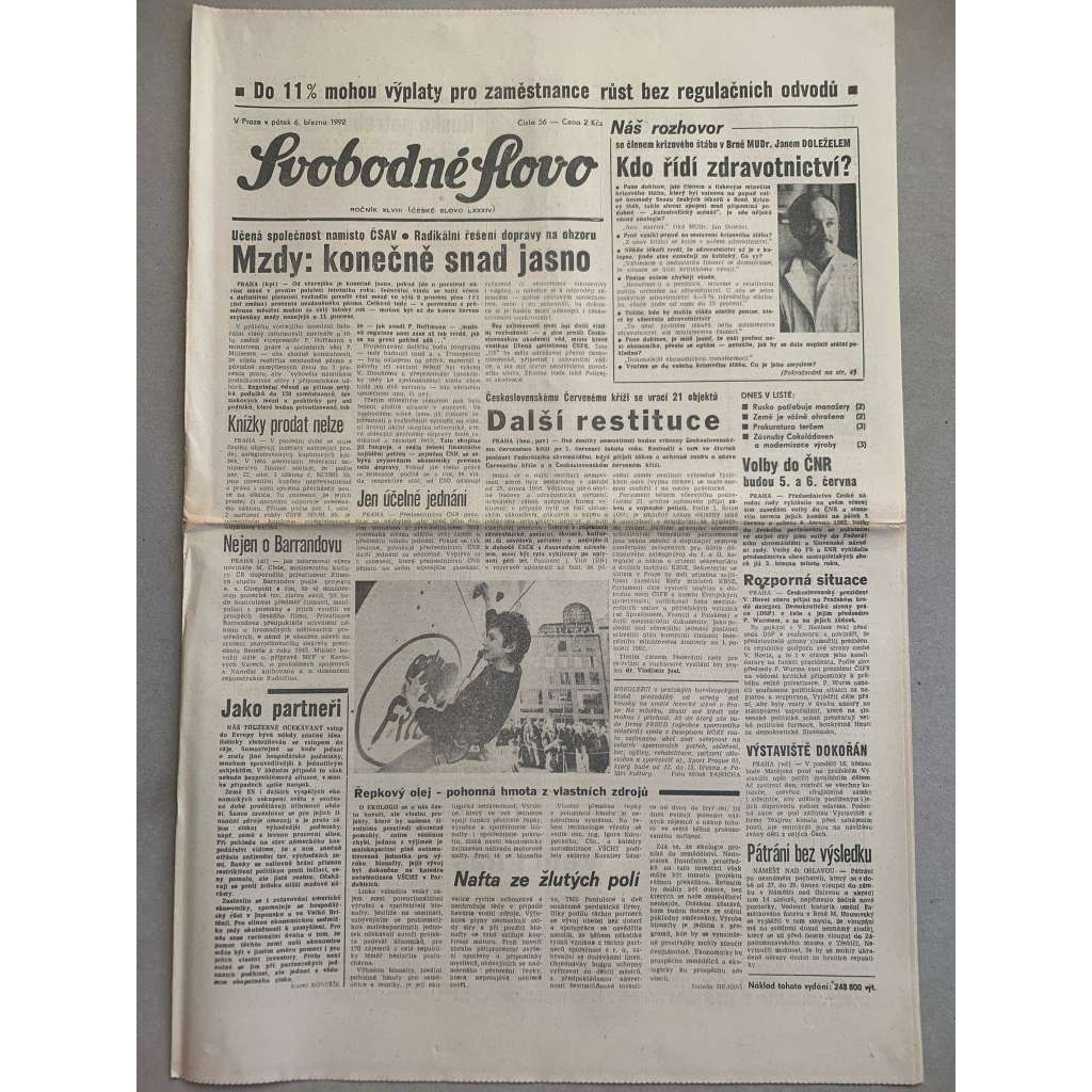 Svobodné slovo (6.3.1992) - staré noviny