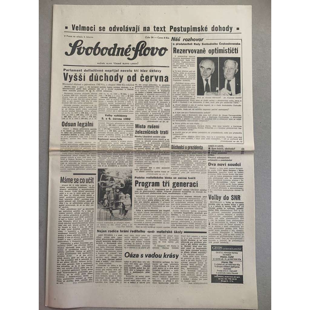 Svobodné slovo (4.3.1992) - staré noviny