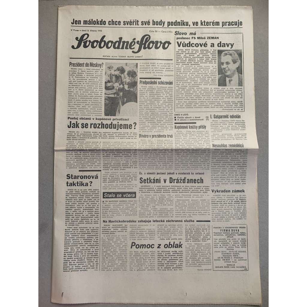Svobodné slovo (3.3.1992) - staré noviny