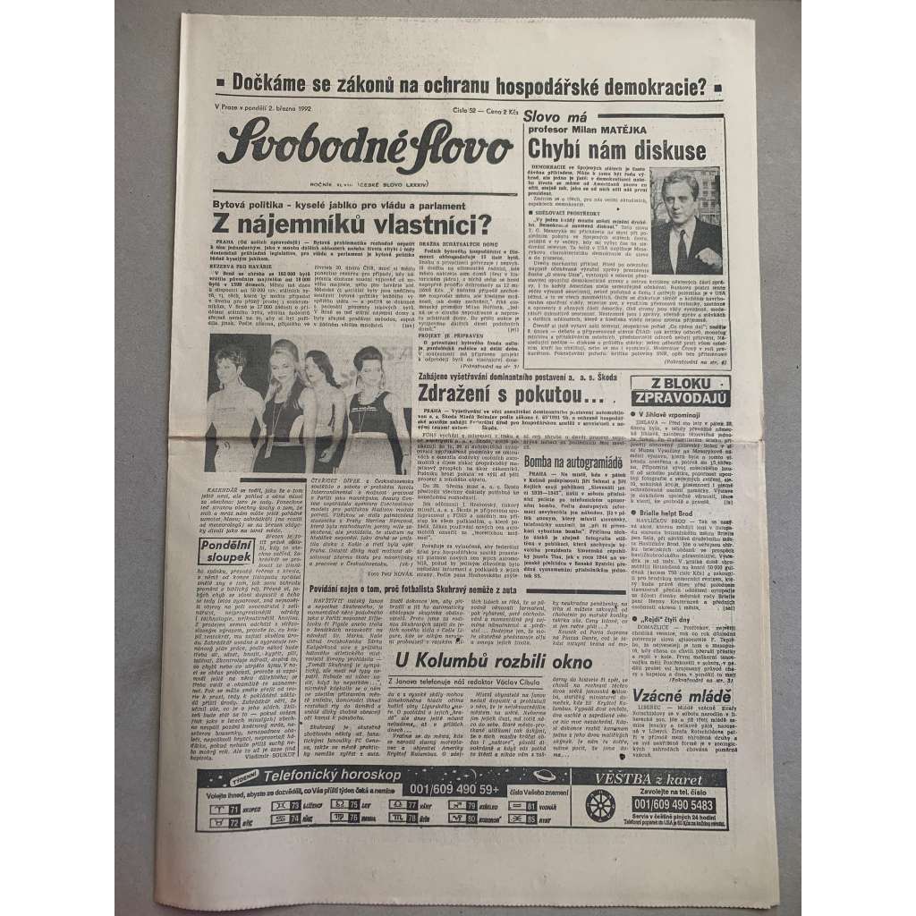 Svobodné slovo (2.3.1992) - staré noviny