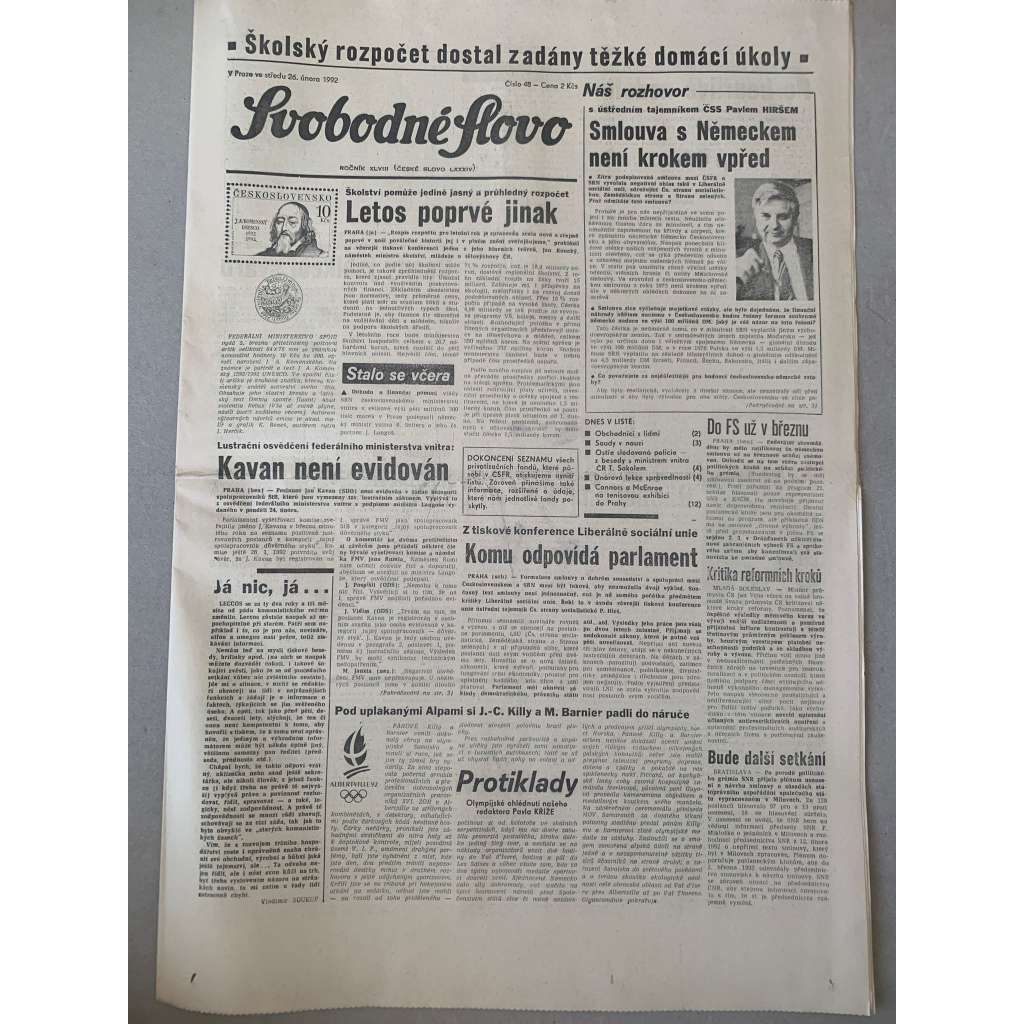 Svobodné slovo (26.2.1992) - staré noviny