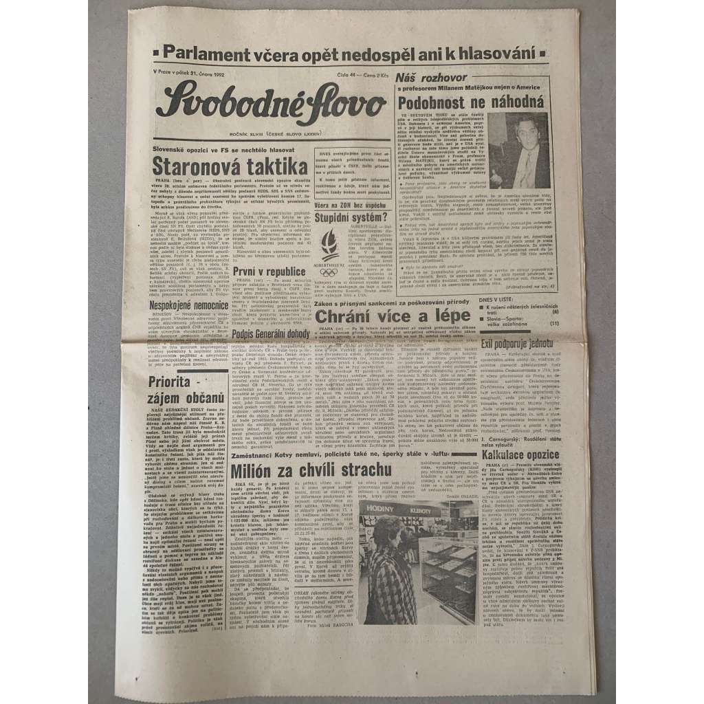 Svobodné slovo (21.2.1992) - staré noviny