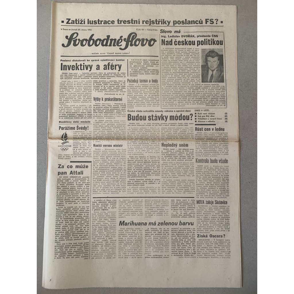 Svobodné slovo (20.2.1992) - staré noviny