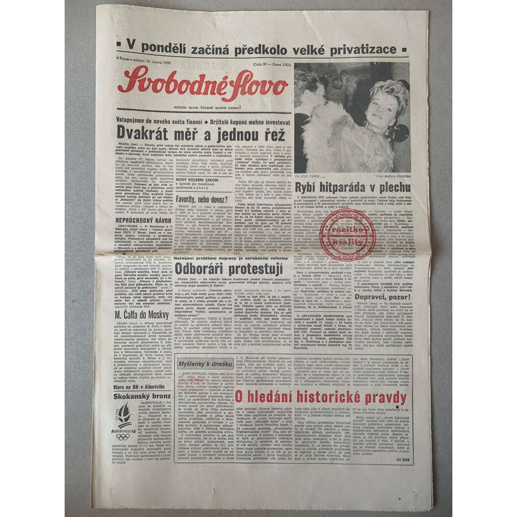Svobodné slovo (15.2.1992) - staré noviny