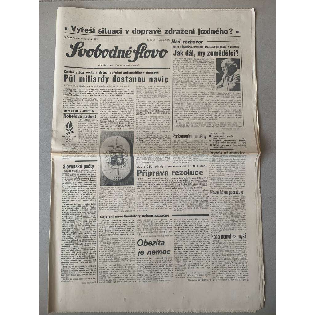 Svobodné slovo (13.2.1992) - staré noviny