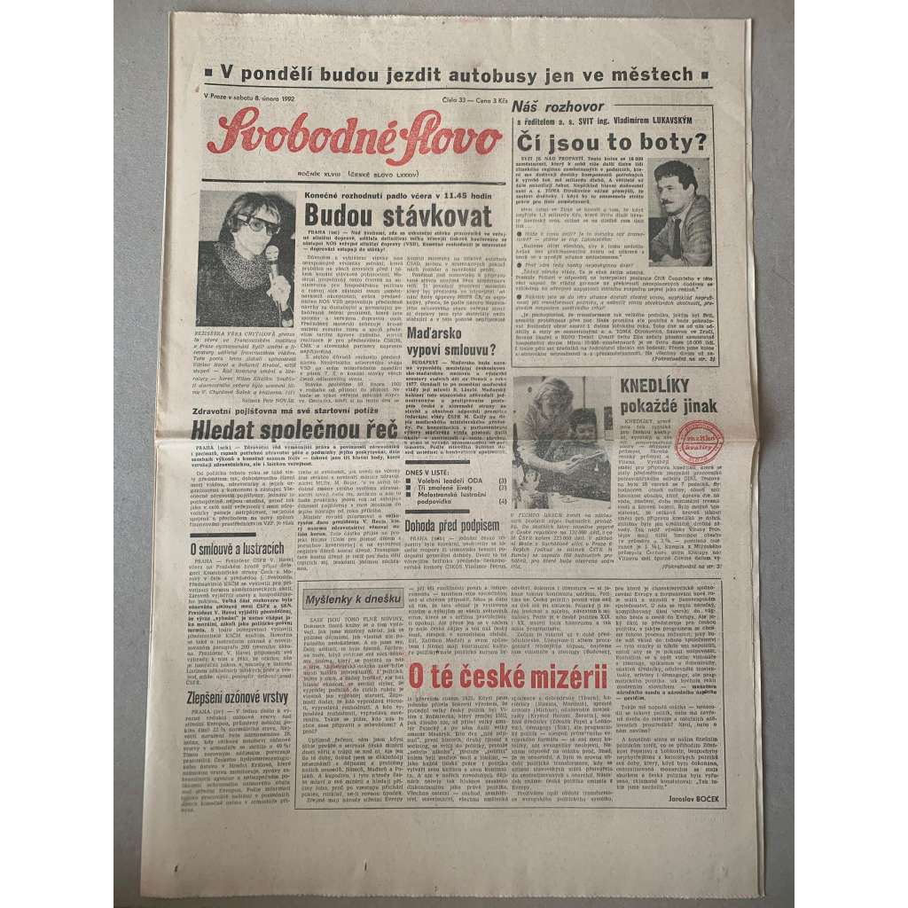 Svobodné slovo (8.2.1992) - staré noviny