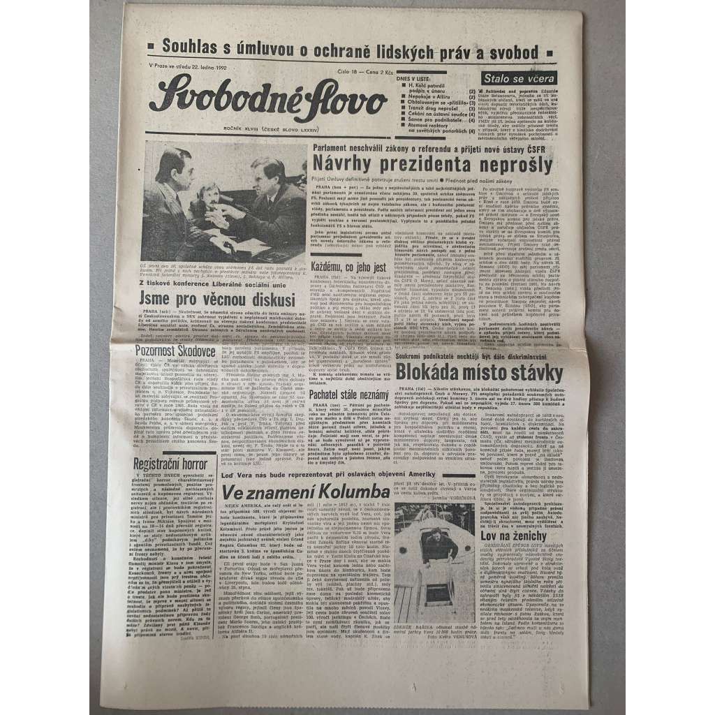 Svobodné slovo (22.1.1992) - staré noviny