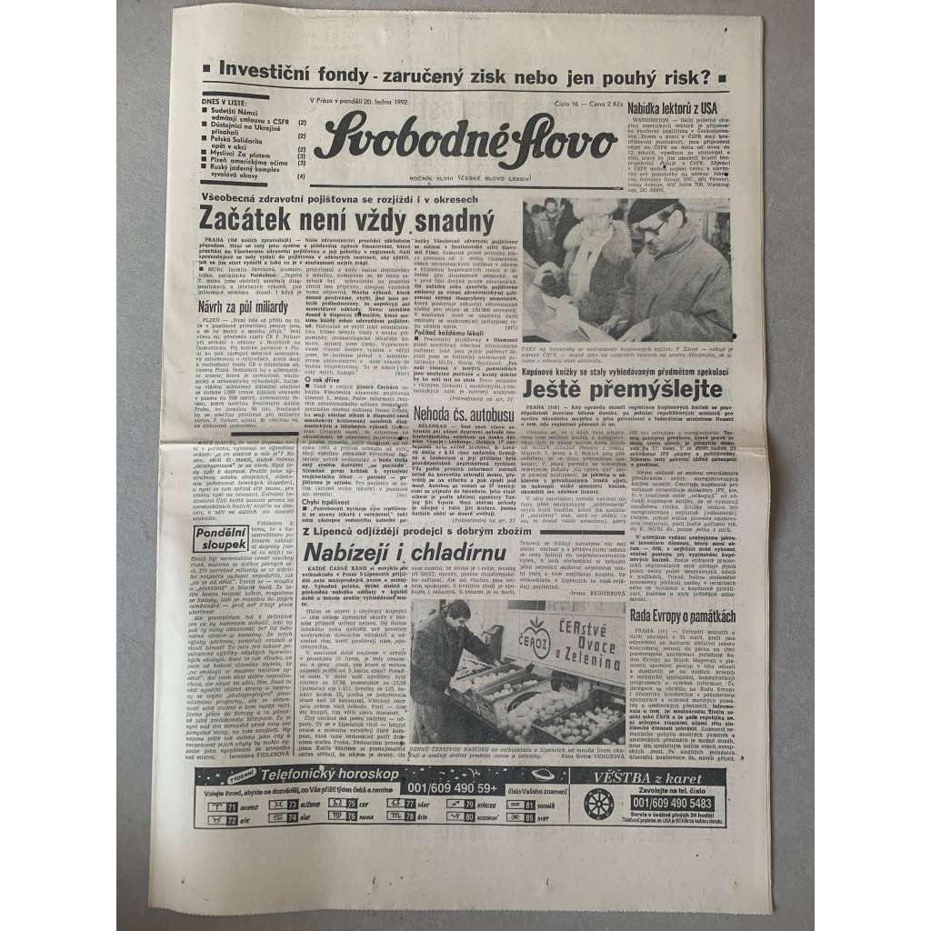 Svobodné slovo (20.1.1992) - staré noviny