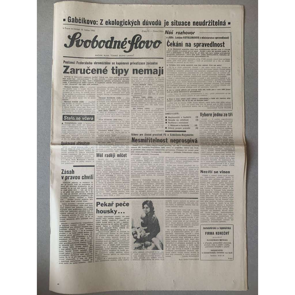 Svobodné slovo (16.1.1992) - staré noviny