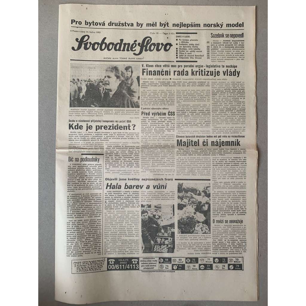 Svobodné slovo (14.1.1992) - staré noviny