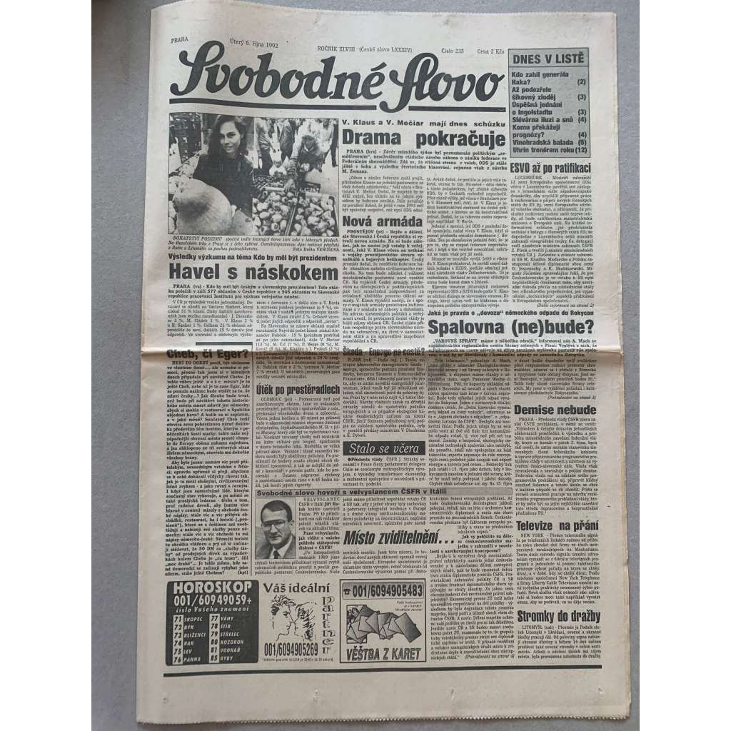 Svobodné slovo (6.10.1992) - staré noviny Svobodné slovo (6.10.1992) - staré noviny
