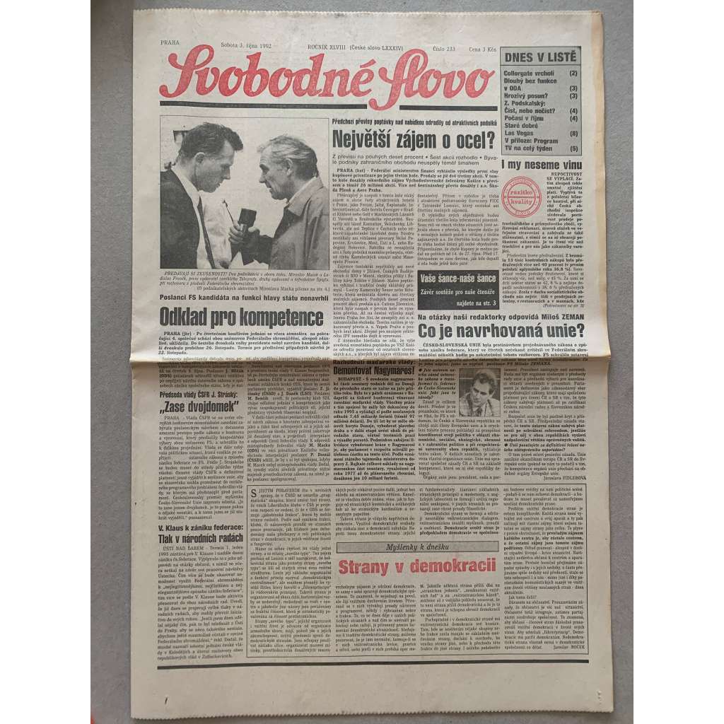 Svobodné slovo (3.10.1992) - staré noviny Svobodné slovo (3.10.1992) - staré noviny