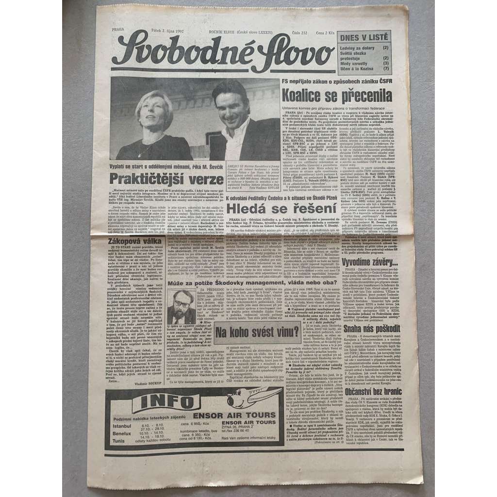 Svobodné slovo (2.10.1992) - staré noviny Svobodné slovo (2.10.1992) - staré noviny