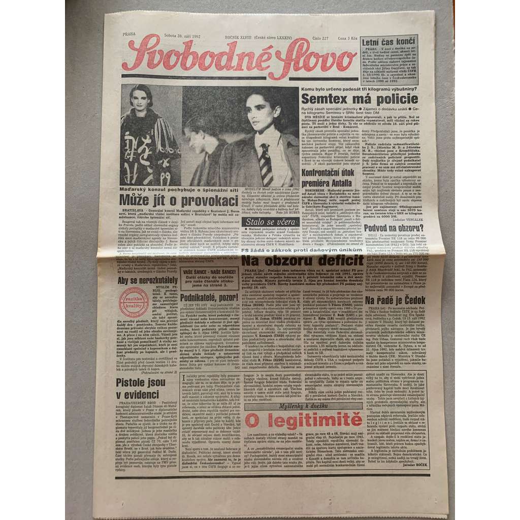Svobodné slovo (26.9.1992) - staré noviny Svobodné slovo (26.9.1992) - staré noviny