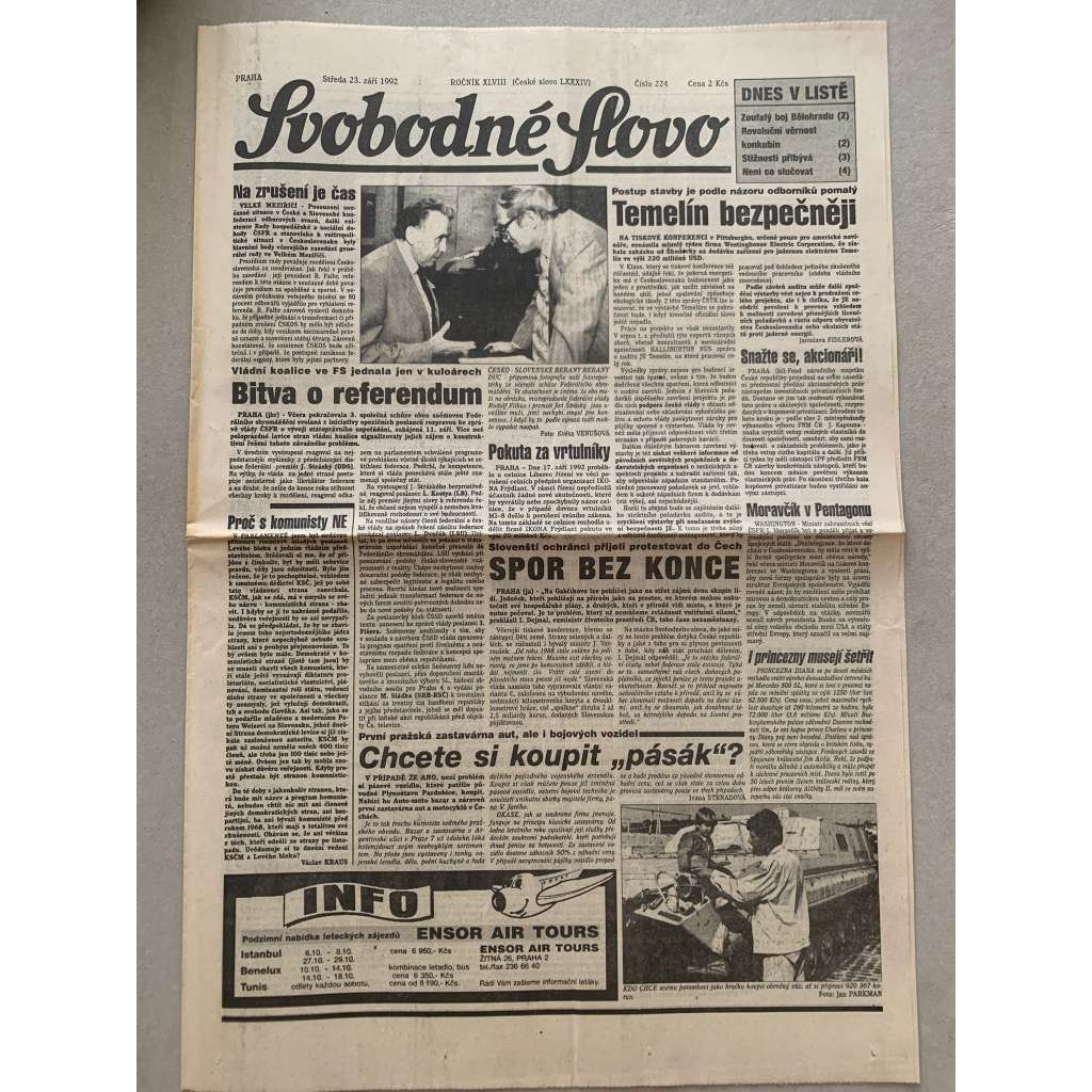 Svobodné slovo (23.9.1992) - staré noviny Svobodné slovo (23.9.1992) - staré noviny