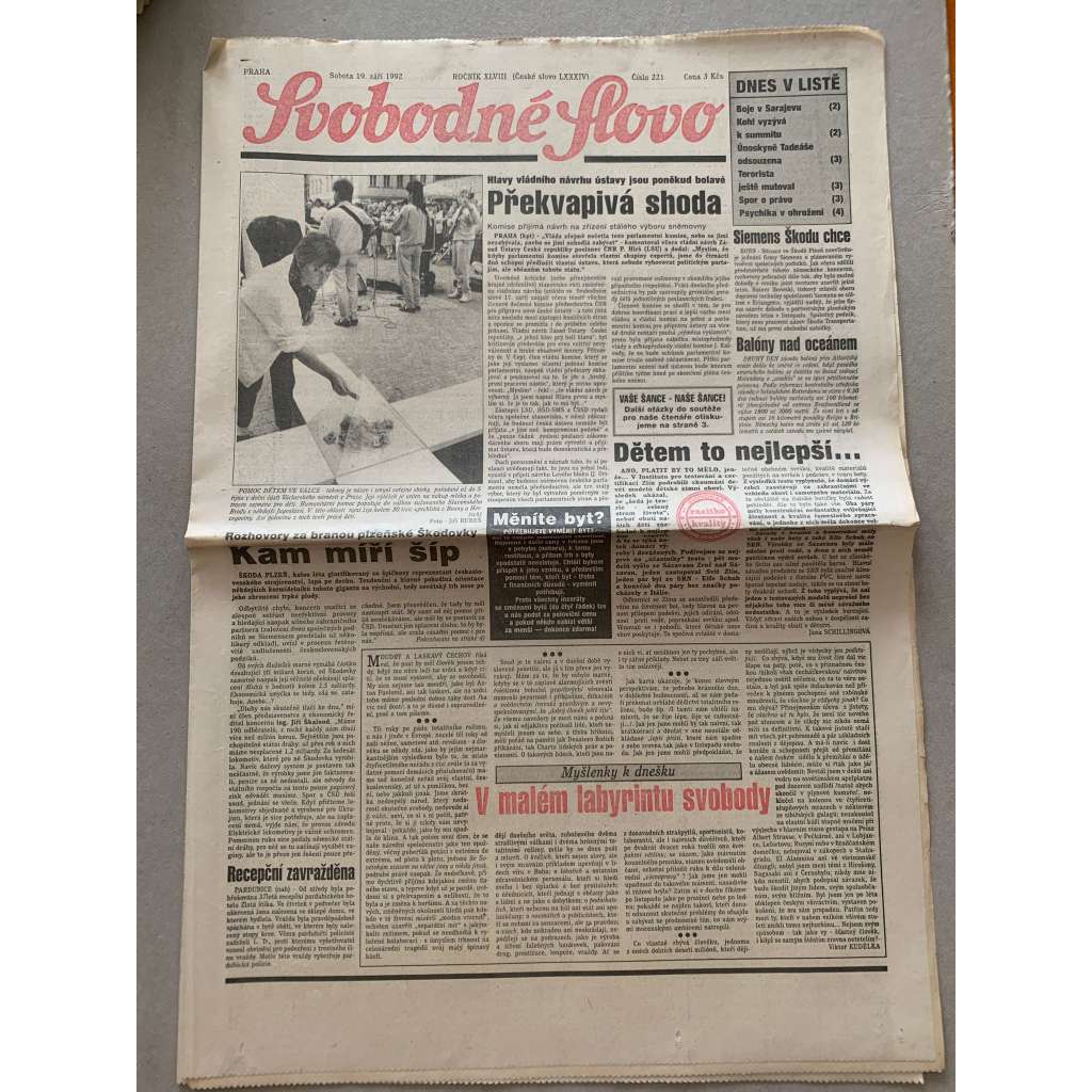 Svobodné slovo (19.9.1992) - staré noviny Svobodné slovo (19.9.1992) - staré noviny