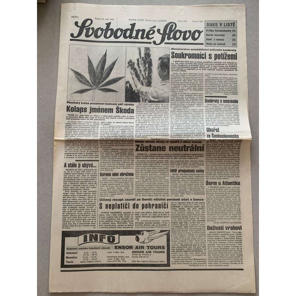 Svobodné slovo (18.9.1992) - staré noviny Svobodné slovo (18.9.1992) - staré noviny