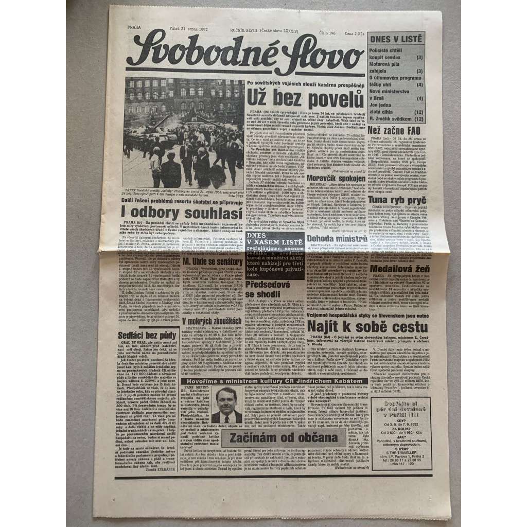 Svobodné slovo (21.8.1992) - staré noviny