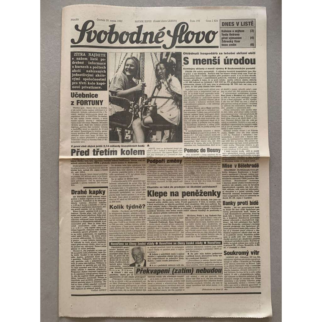 Svobodné slovo (20.8.1992) - staré noviny