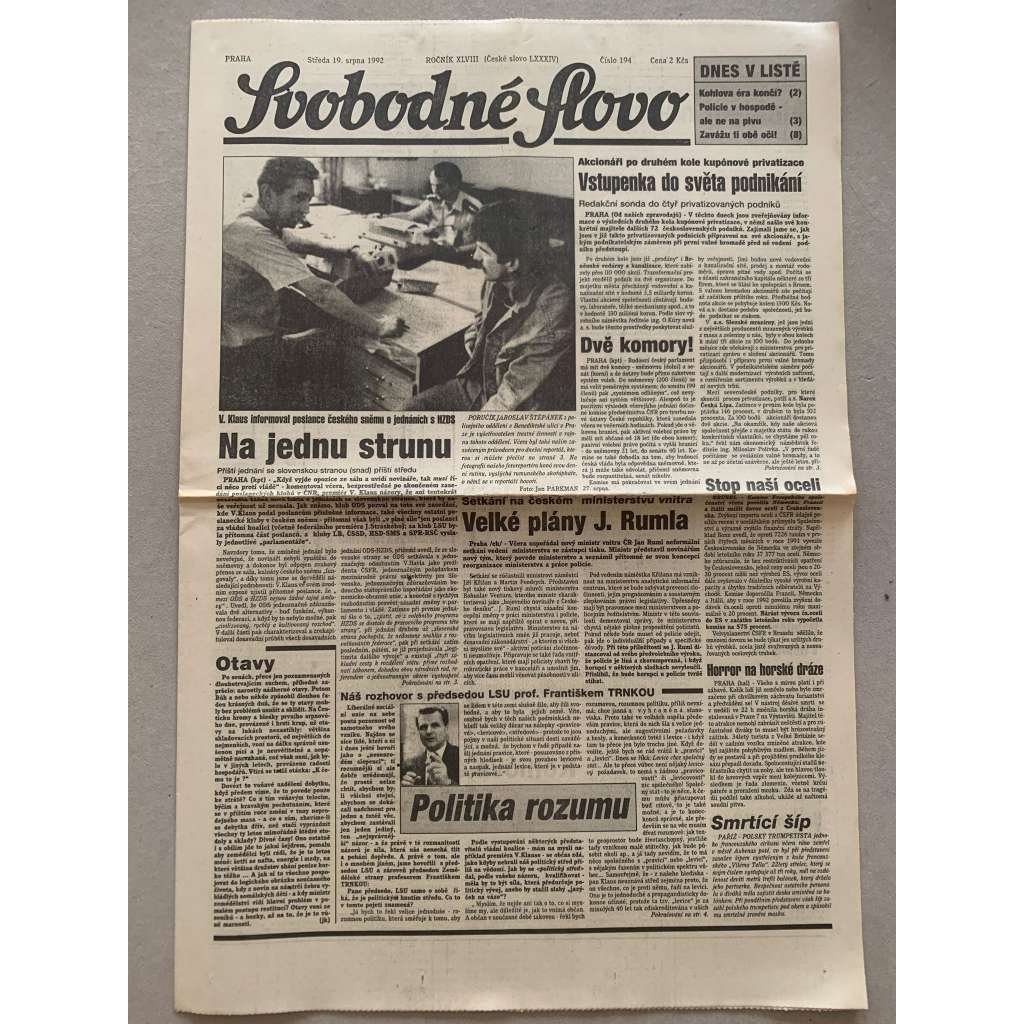 Svobodné slovo (19.8.1992) - staré noviny