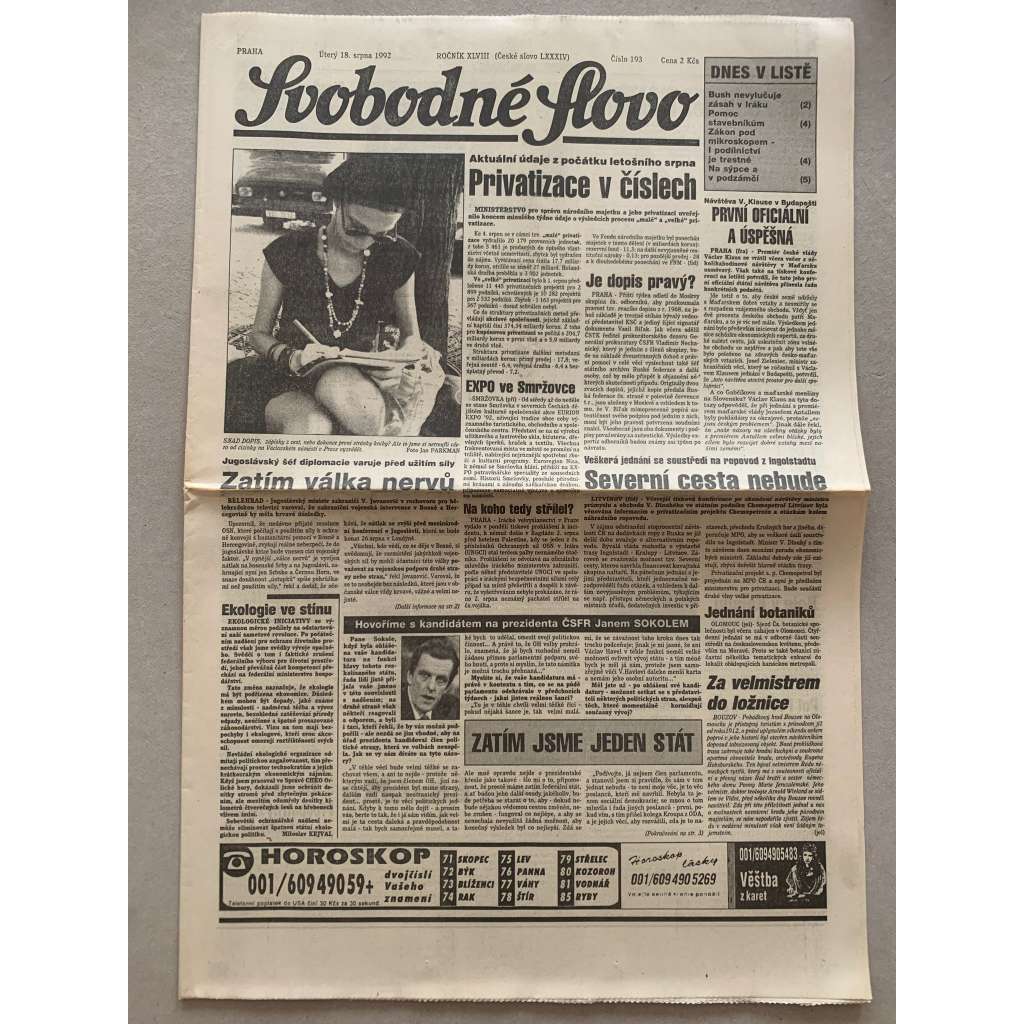 Svobodné slovo (18.8.1992) - staré noviny